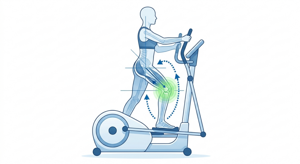 A technical medical infographic showing a side-view silhouette of a person on an elliptical machine. The knee joint is highlighted with a green glow, with arrows illustrating the closed-chain kinetic path and muscle engagement in the glutes and hamstrings for safe knee rehab.