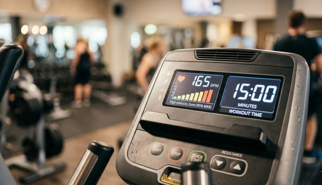 Close-up of an elliptical machine console displaying 165 BPM heart rate in the high-intensity zone during a 20-minute HIIT cardio session.
