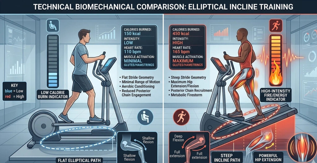 A technical infographic comparing flat elliptical paths (150 kcal, low intensity) with steep incline paths on an adjustable incline elliptical (450 kcal, high intensity), showing muscle recruitment and joint angles.