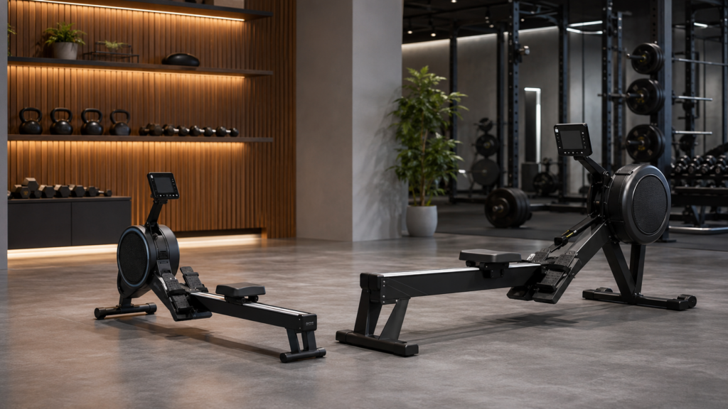 Home rowing machine and commercial rowing machine comparison in a fitness equipment showroom