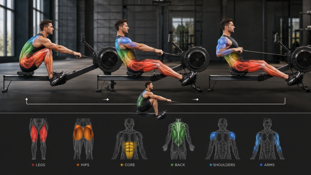 Rowing machine muscles worked showing legs hips core back shoulders and arms