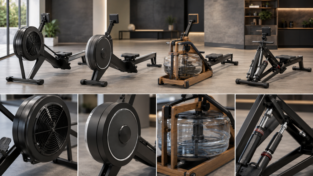 Comparison of air magnetic water and hydraulic rowing machine resistance systems